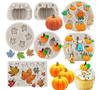 Sijiangmold Thanksgiving 6pcs Silicone Fondant Molds: 3D Pumpkin, Maple Leaf, Mini Pumpkin, Scarecrow & Fall Maple Leaves for Cake Decorating