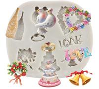 Sijiangmold Wedding Silicone Moulds Anniversary Engagement Fondant Mould Champagne Bottle Diamond Ring Rose Bouquet Moulds for Cake Decoration Chocolate Cupcake Topper Candy Polymer Clay Gum Paste