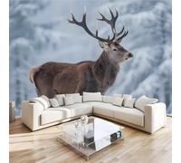 Sika Deer Animal Mural Wallpaper 3D Effect Forest Snow Non-Woven Self-Adhesive Wallpaper Removable Large Photo Sticker TV Background Wall Decor for Living Room Bedroom 300x230 cm