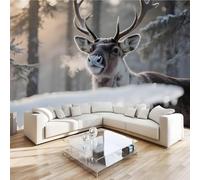 Sika Deer Animal Mural Wallpaper 3D Effect Forest Snow Non-Woven Self-Adhesive Wallpaper Removable Large Photo Sticker TV Background Wall Decor for Living Room Bedroom 430x300 cm