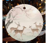 Sika Deer Christmas Tree Ornaments - Round Xmas Hanging Ceramic Pendants, Winter Holiday Hanging Ornament with String, Xmas Gift Keepsake for Women & Men 2.8inch