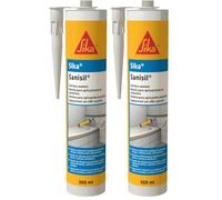 Sika Sanisil Silicone Sealant - Suitable For Sanitary Applications - Anti Mould - Quick Curing - Solvent-Free - White - 300ml (Pack of 2)