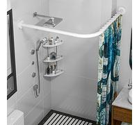 SIKAIQI Stretchable 304 Stainless L Shaped Bathroom Bathtub Corner Shower Curtain Rod Rack, Drill Free Install, for Bathroom, Clothing Store, Private space(White 90-130 cm x 90-130 cm)