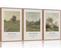 SIKERIC Vintage Christian Bible Verse Wall Art Set of 3, The Way The Truth The Life Framed Canvas Art Painting, Scripture Jesus Art Prints, Modern Village Decoration for Living Room, Church-24x36