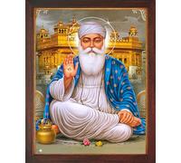 Sikh Guru, Gurunank Dev Ji Giving Blessings with ekumkar on Right Hand and Sitting Outside Golden Temple, A Poster Painting with Frame for Sikh Religious Office/Home