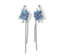 Sikkis Blue Denim Dangle Earrings, Linear Drop Tassel Sliver Plated Statement Earrings, Fashion Metal Long Chain Dangling Earrings Upcycle Fabric Jewelry