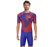 Sikma Men’s Half Sleeve Trisuit Breathable Mesh Triathlon Padded Suit with Hi Viz Reflection One Back Pocket and Power Band Leg Grippers Trisuit (Red/Navy, X-Large)