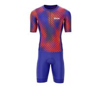 Sikma Men’s Half Sleeve Trisuit Breathable Mesh Triathlon Padded Suit with Hi Viz Reflection One Back Pocket and Power Band Leg Grippers Trisuit (Red/Navy, Small)