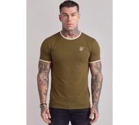 SikSilk Men's Short Sleeved Crew Neck Muscle Fit Ringer T-Shirt Tee Khaki Green