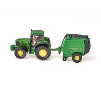 siku 1665, John Deere Tractor with Round Baler and 2 Bales, Metal,Plastic, Green, Moving parts