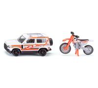 SIKU 1114 Land Rover Defender with Moto KTM Toy Set, Metal Body, White-Orange, Trailer Hitch, Mobiles Handlebars and Kickstand on Motorcycle