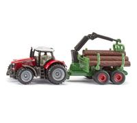 SIKU 1134 Massey Ferguson Tractor with Forest Trailer, Mobile Loading Crane with Grip Function, 6 Tree Trunks, Metal and Plastic, Forest Toy