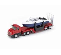 siku 1613, Low Loader with Boat, Metal,Plastic, Red,Blue,White, Opening stern flap, Floatable boat