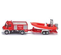 siku 1636, Unimog Fire Engine with Boat, Metal,Plastic, Red, Floatable boat