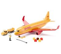 Siku 1702 DHL Cargo Plane with Accessories Metal Plastic Red/Yellow Toy Model Includes Luggage Trolley and Air Traffic Controller