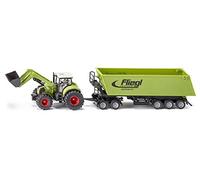 siku 1949, Claas Axion tractor with Front Loader, Dolly and Tipping Trailer, 1:50, Metal,Plastic, Green, Movable shovel and front loader swing arm, Tiltable trough
