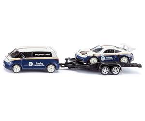 Siku 2569 VW ID Buzz with Porsche 911 1:50 Metal/Plastic Red | Trailer with tilt function, opening tailgate and doors, metal body, rubber tyres, sports car transport set