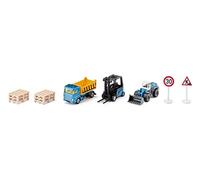 siku 6336, Construction Site Gift Set with Truck, Forklift, Loader, 6 Pallets, 2 Traffic Signs, Metal,Plastic, yellow,Blue, Moving Parts