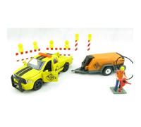 siku 3505, RAM 1500 Pick-Up with Compressor Trailer, 1:50, Metal,Plastic, Yellow,Orange, Incl. barriers and toy figure