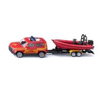 Siku - Land Rover Defender with Boat - Red - Fire Engine SUV - Metal and Plastic PVC Free - Endless Fun - Small Toy - Sturdy Construction - from 3 Years - SK-1608