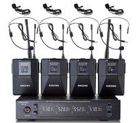 SIKUING 4 Channel UHF Wireless Microphone System with Lavalier Headset Mics, 4x50 Adjustable Frequencies, Ideal for Karaoke Meeting Church, 300ft Range (4 Bodypack)