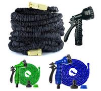SiKy Upgraded Portable 150FT Expandable Garden Hose 3/4" Solid Brass Fittings 3-Time No-Kink Flexible Water Hose 7 Function Spray Included, Easy Storage Light Weight(Black)