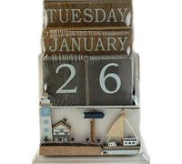 SiL Interiors Nautical Wooden Perpetual Calendar Desk Top Eternal Calendar Blocks - Lighthouse