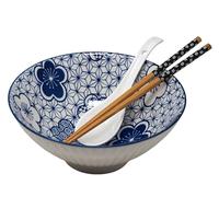 SiL Interiors Ramen Noodle Bowl Set with Chopsticks and Spoon - Navy Blue Floral