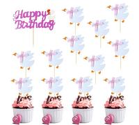 Silars Goose White Cake Decoration Birthday, 1 + 12 Pieces Cake Toppers Goose Cute Cake Decoration, Glitter Goose White Theme Cupcake Topper for Baby Shower Goose Theme Birthday Cupcake Decorations