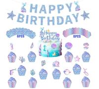 Silars Mermaid Birthday Girl Cake Toppers, 26 Pieces Mermaid Cake Toppers, Includes One Mermaid Cake Topper, 12 Cupcake Toppers, Garlands and 12 Cupcake Toppers Wrappers
