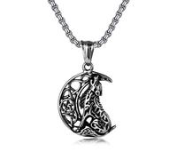 SILBAZ Howling Wolf Necklace for Boys Stainless Steel Crescent Wolf Pendant Moon Wolf Jewelry Gift for Son Nephew, Stainless Steel, No Gemstone
