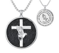 SILBAZ Prayer Cross Necklace for Men Copper Christian Religious Praying Hands Pendant Catholic Lord's Prayer Coin Medal Jewelry Christmas Gift for Father Boyfriend