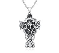 SILBAZ Skull Necklace for Men Stainless Steel Santa Muerte Pendant Grim Reaper Sickles Skull Jewelry Gifts for Brother Boyfriend
