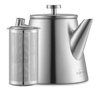 SILBERTHAL Stainless Steel Teapot with Infuser 1L / 35oz, Silver | Double-Walled Insulated Tea Maker with Hinged Lid, Non-Drip Spout and Removable Strainer, Gift for Tea Lovers