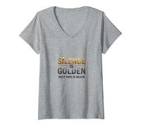 Silence is Golden Duct Tape is Silver Funny Quote V-Neck T-Shirt, Women, Heather Grey, M