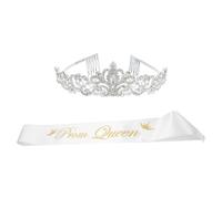 SILENRADAWN 2pcs Graduation Period Prom Crown Set Featuring a Silver Alloy Crown and Fabric Prom Sash, Designed for Weddings and Cosplay a Fresh and Beautiful Shape that Is Not Easy to Deform