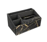 SILENRADAWN Desktop Organizer Box Marble Vein Multifunctional Black with 3 Compartments, Leather Remote Control and Tissue Holder for Office Desk Items Storage and Home Use