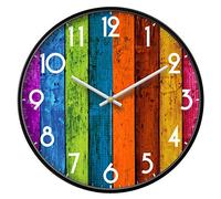 Silent Analogue Wall Clock Battery Operated, 14'' Colourful Non-Ticking Round Wall Clock Large Display, Modern Decorative Quartz Clocks with Rainbow for Bedroom/Living Room/Kitchen/Office