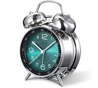 Silent Non-Ticking Bedside Alarm Clock, 4" Metal Structure, Retro Vintage Design with Twin Bell, Perfect for Heavy Sleepers, Kids and Bedrooms. Analogue Quartz and Battery Operated. (GREEN DIAL)