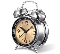 Silent Non-Ticking Bedside Alarm Clock, 4" Metal Structure, Retro Vintage Design with Twin Bell, Perfect for Heavy Sleepers, Kids and Bedrooms. Analogue Quartz and Battery Operated. (GOLD DIAL)