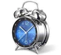 Silent Non-Ticking Bedside Alarm Clock, 4" Metal Structure, Retro Vintage Design with Twin Bell, Perfect for Heavy Sleepers, Kids and Bedrooms. Analogue Quartz and Battery Operated. (BLUE DIAL)