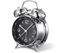 Silent Non-Ticking Bedside Alarm Clock, 4" Metal Structure, Retro Vintage Design with Twin Bell, Perfect for Heavy Sleepers, Kids and Bedrooms. Analogue Quartz and Battery Operated. (BLACK DIAL)