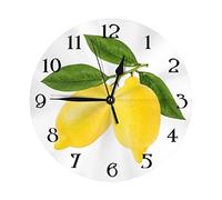 Silent Non Ticking Round Wall Clock, Lemon with Leaves Home Decor Battery Operated Decorative for Living Room, Kitchen, Bedroom Clock Art