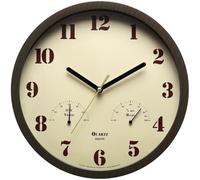 Silent Outdoor Wall Clock with Thermometer and Hygrometer, 10 Inch Weather Resistant Patio Clock for Pool Porch Garden, Dark Brown Wood Grain Plastic Frame, Indoor(Dark brown)