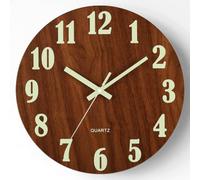 Silent Wall Clock 40cm Glow Dark Wood Non-Ticking Luminous | This silent wooden wall clock features a glow -the-dark face, allowing you to read the hour easily at night.