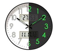 Silent Wall Clock - Glow In The Dark Display, Large Digital Calendar, 14 Inch Temperature Humidity, Battery Operated Home Decor, Living Room Bedroom Office, Round Night Light Feature