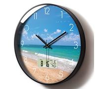 Silent Wall Clock with Date/Temperature/Day of Week LCD Display, 12'' Non-ticking Battery Operated Analog Wall Clock, Sea Beach Decorative Quartz Clock for Bedroom/Living Room/Kitchen