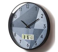 Silent Wall Clock with Date/Temperature/Day of Week LCD Display, 12'' Non-ticking Battery Operated Analog Wall Clock, Grey Decorative Quartz Clock for Bedroom/Living Room/Kitchen/Office