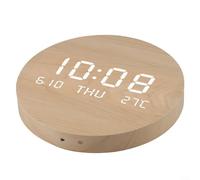 Silent Wooden LED Wall Clock with Large Digital Display, Date, Day and Temperature for Living Room or Bedroom, Dual Power Supply, Waterproof Face, Modern Round Design