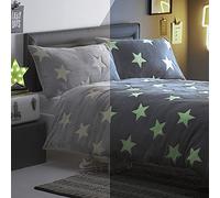 Silentnight Glow in the Dark Teddy Fleece Duvet Set - Fluffy Fleece Teddy Bear Bedding Kids Duvet Cover and Pillowcase Set with Glow in the Dark Stars - Single - 135x200cm - Grey